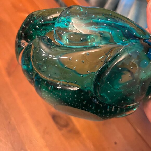 Hand-Blown Murano Art Glass Bowl Swirled Green And Clear With controlled Bubbles - Picture 4 of 7